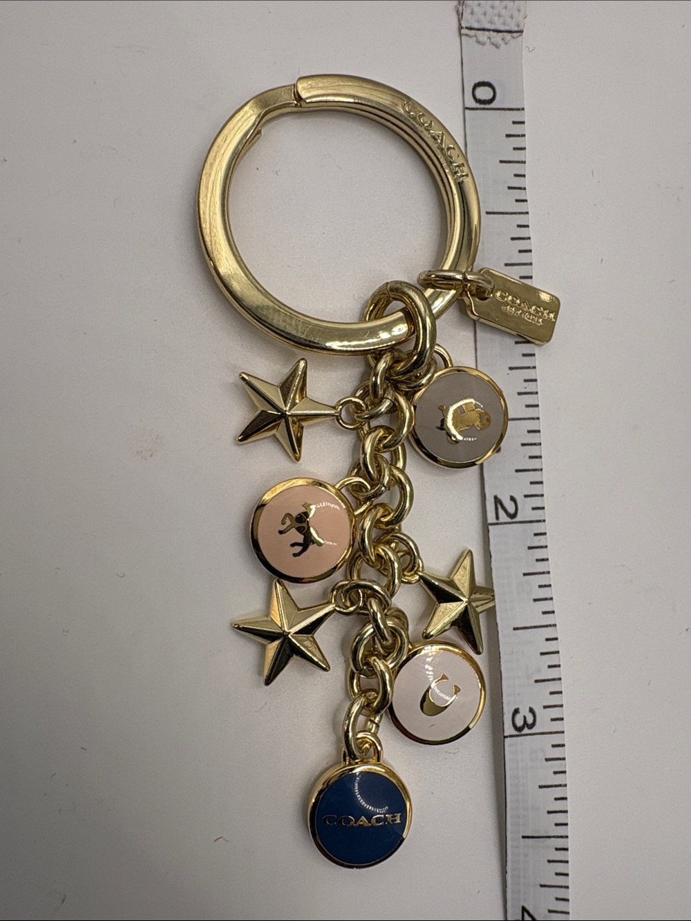 Coach Gold-Tone Star & Enamel Disc Key Ring in Navy and Blush